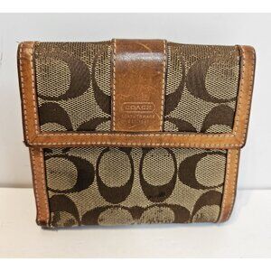 Authentic Coach Khaki Hamptons Brown Wallet 2 Fold ~ Change Pocket ~Leather Trim